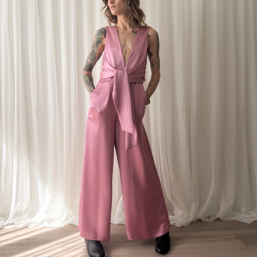 Express Rose Pink Satin Plunge Jumpsuit with Waist Tie